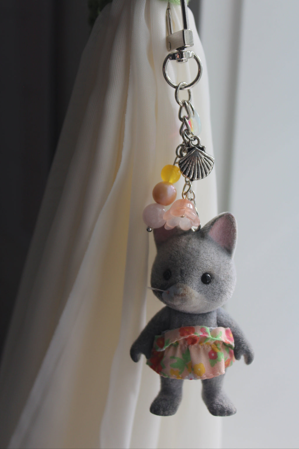 Grey Tabby Cat w/ Flower Print Dress Bag Charm