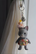 Grey Tabby Cat w/ Flower Print Dress Bag Charm