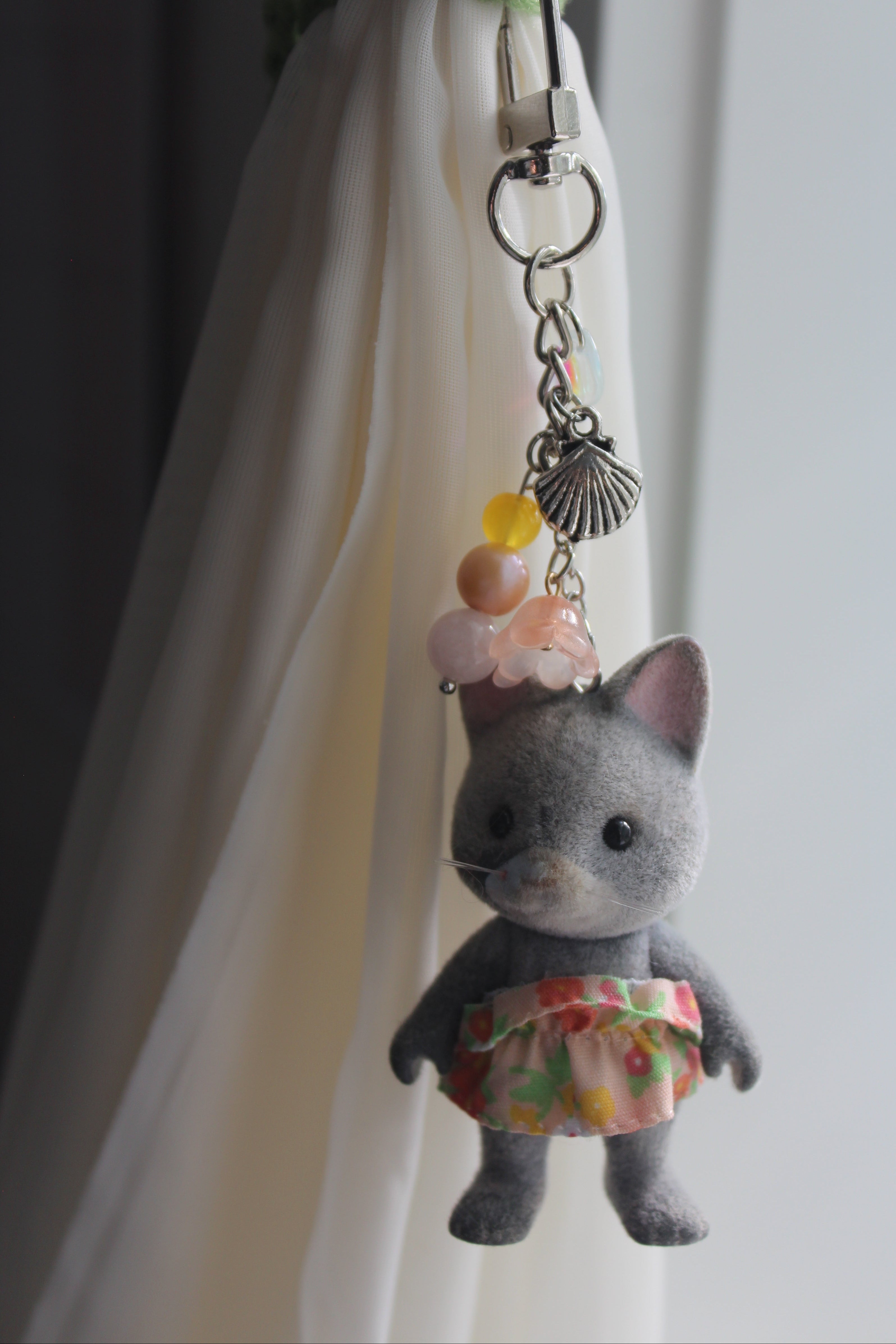 Grey Tabby Cat w/ Flower Print Dress Bag Charm