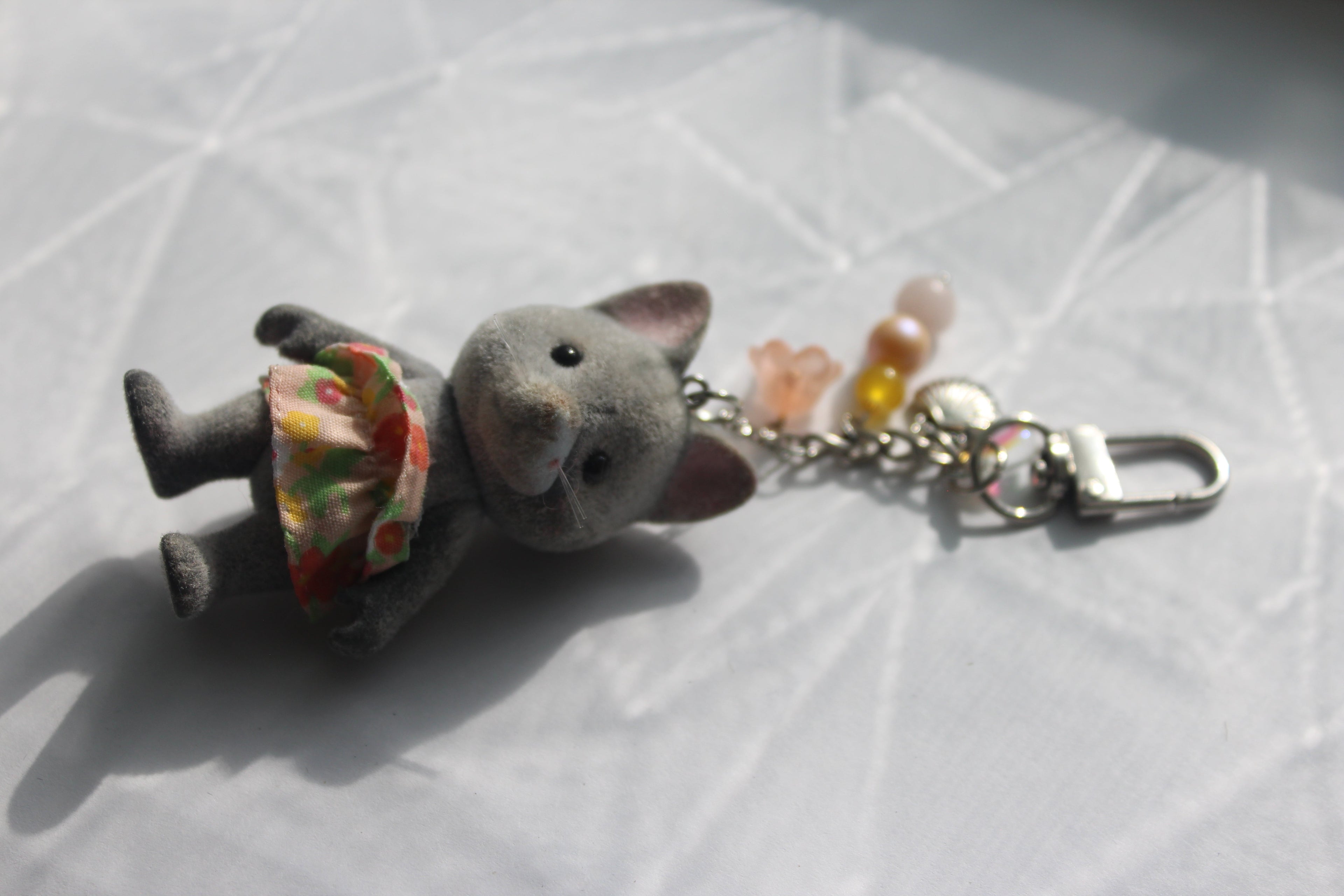 Grey Tabby Cat w/ Flower Print Dress Bag Charm