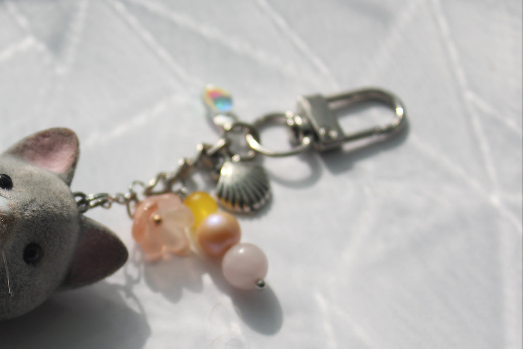 Grey Tabby Cat w/ Flower Print Dress Bag Charm